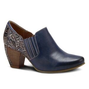 L'Artiste Spring Step LEATHA-N Navy Blue Leather Floral Embossed Booties 39